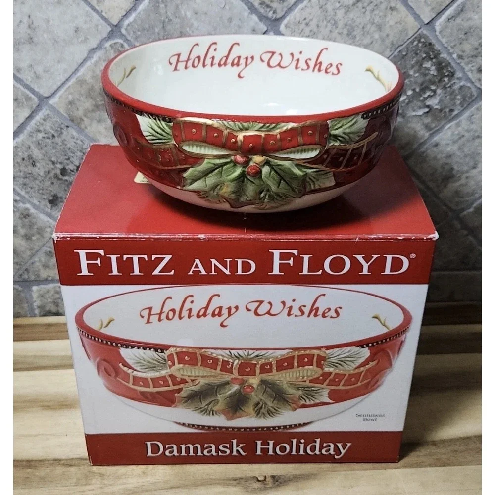 Fitz and Floyd Christmas Sentiment Bowl Damask Holiday New Box